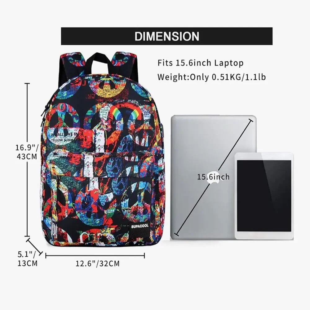 NWOT Laptop Backpack School USB Charging Port, Lightweight, Peace Graphic Unisex